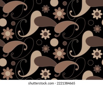Abstract Hand Drawing Dashed Lines Paisleys Flowers and Dots Geometric Seamless Vector Pattern Isolated Background