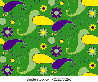 Abstract Hand Drawing Dashed Lines Paisleys Flowers and Dots Geometric Seamless Vector Pattern Isolated Background