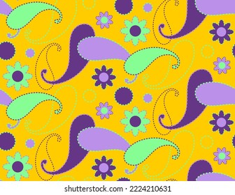 Abstract Hand Drawing Dashed Lines Paisleys Flowers and Dots Geometric Seamless Vector Pattern Isolated Background