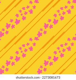 Abstract Hand Drawing Diagonal Cute Retro Ditsy Daisy Flowers and Stripes Seamless Vector Pattern Isolated Background