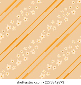 Abstract Hand Drawing Diagonal Cute Retro Ditsy Daisy Flowers and Stripes Seamless Vector Pattern Isolated Background