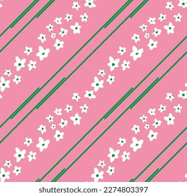 Resumen de la mano Dibujo Diagonal Cute Retro Ditsy Flores de margarita y franjas Patrón de vectores sin soldadura Fondo aislado