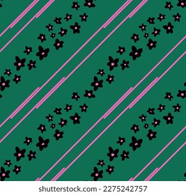 Abstract Hand Drawing Diagonal Cute Retro Ditsy Daisy Flowers and Stripes Seamless Vector Pattern Isolated Background