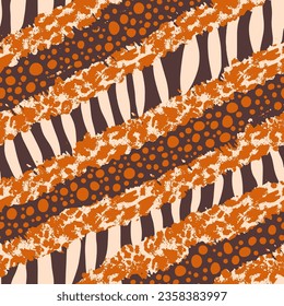 Abstract Hand Drawing Diagonal Geometric Leopard Zebra Animal Skin Shapes and Dots Seamless Vector Pattern Isolated Background 