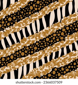 Abstract Hand Drawing Diagonal Geometric Leopard Zebra Animal Skin Shapes and Dots Seamless Vector Pattern Isolated Background 