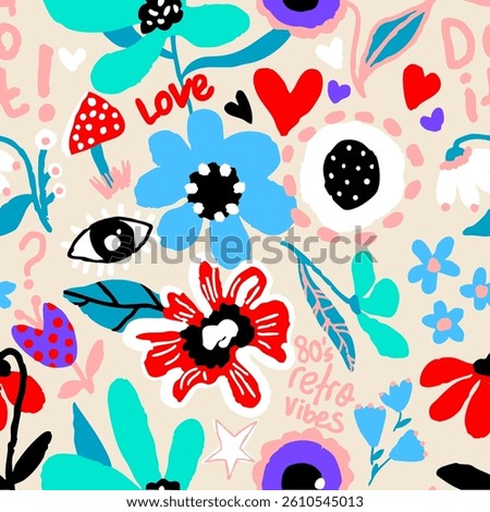 Abstract Hand Drawing Digital Painting 80’s Retro Concept Flowers Hearts Slogans Geometric Shapes Brush Strokes Seamless Vector Pattern Isolated Background