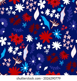Abstract Hand Drawing Ditsy Flowers Leaves and Branches Seamless Vector Pattern Isolated Background