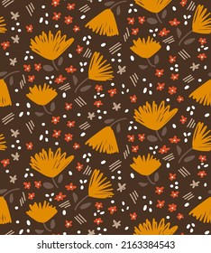 Abstract Hand Drawing Ditsy Flowers Leaves Dost and Brush Strokes Seamless Vector Pattern Isolated Background