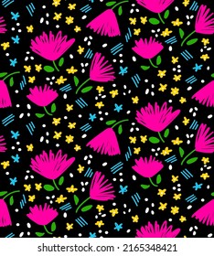 Abstract Hand Drawing Ditsy Flowers Leaves Dost and Brush Strokes Seamless Vector Pattern Isolated Background