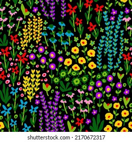 Resumen Ditsy de dibujo a mano y ramas de flores retro mixtas y deja un patrón vectorial sin soldadura fondo aislado