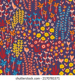Abstract Hand Drawing Ditsy and Mixed Retro Flowers Branches and Leaves Seamless Vector Pattern Isolated Background