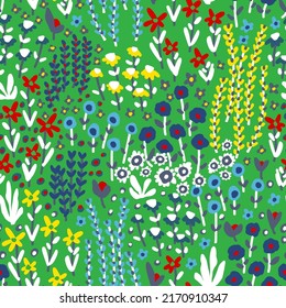 Abstract Hand Drawing Ditsy and Mixed Retro Flowers Branches and Leaves Seamless Vector Pattern Isolated Background
