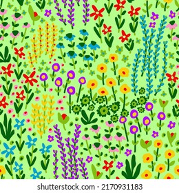 Abstract Hand Drawing Ditsy and Mixed Retro Flowers Branches and Leaves Seamless Vector Pattern Isolated Background