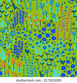 Abstract Hand Drawing Ditsy and Mixed Retro Flowers Branches and Leaves Seamless Vector Pattern Isolated Background