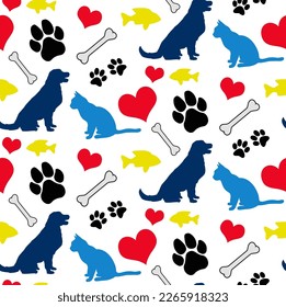 Abstract Hand Drawing Dogs Cats Paws Fishes Bones Animals Silhouettes Seamless Vector Pet Clothes Pattern Isolated Background 