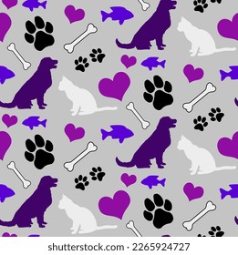 Abstract Hand Drawing Dogs Cats Paws Fishes Bones Animals Silhouettes Seamless Vector Pet Clothes Pattern Isolated Background 