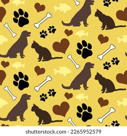 Abstract Hand Drawing Dogs Cats Paws Fishes Bones Animals Silhouettes Seamless Vector Pet Clothes Pattern Isolated Background 