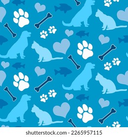 Abstract Hand Drawing Dogs Cats Paws Fishes Bones Animals Silhouettes Seamless Vector Pet Clothes Pattern Isolated Background 