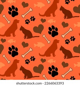 Abstract Hand Drawing Dogs Cats Paws Fishes Bones Animals Silhouettes Seamless Vector Pet Clothes Pattern Isolated Background 