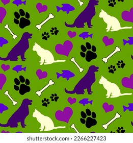 Abstract Hand Drawing Dogs Cats Paws Fishes Bones Animals Silhouettes Seamless Vector Pet Clothes Pattern Isolated Background 