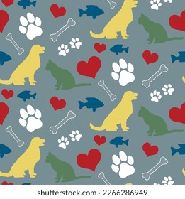 Abstract Hand Drawing Dogs Cats Paws Fishes Bones Animals Silhouettes Seamless Vector Pet Clothes Pattern Isolated Background 