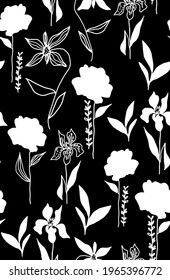 Abstract Hand Drawing Doodle Botanical Flowers and Leaves Repeating Vector Pattern Isolated Background