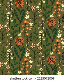 Abstract Hand Drawing Doodle Botanical Folk Flowers Branches and Leaves Repeating Vector Pattern Isolated Background