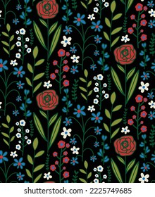 Abstract Hand Drawing Doodle Botanical Folk Flowers Branches and Leaves Repeating Vector Pattern Isolated Background