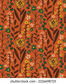 Abstract Hand Drawing Doodle Botanical Folk Flowers Branches and Leaves Repeating Vector Pattern Isolated Background