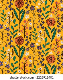 Abstract Hand Drawing Doodle Botanical Folk Flowers Branches and Leaves Repeating Vector Pattern Isolated Background