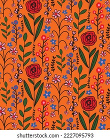 Resumen Dibujo manual Doodle Flores folclóricas botánicas Ramas y hojas Patrón vectorial repetitivo Fondo aislado