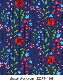 Abstract Hand Drawing Doodle Botanical Folk Flowers Branches and Leaves Repeating Vector Pattern Isolated Background