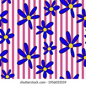 Abstract Hand Drawing Doodle Daisy Flowers Repeating Vector Pattern Isolated Vertical Striped Background 