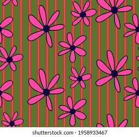 Abstract Hand Drawing Doodle Daisy Flowers Repeating Vector Pattern Isolated Vertical Striped Background 