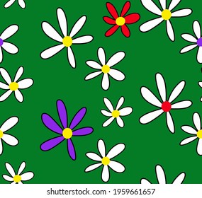 Abstract Hand Drawing Doodle Daisy Flowers Repeating Vector Pattern Isolated Background 