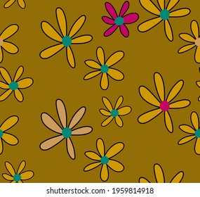 Abstract Hand Drawing Doodle Daisy Flowers Repeating Vector Pattern Isolated Background 