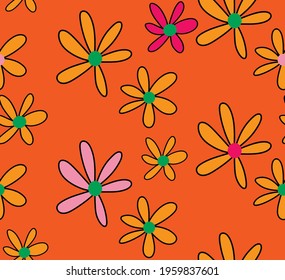 Abstract Hand Drawing Doodle Daisy Flowers Repeating Vector Pattern Isolated Background 