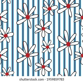 Abstract Hand Drawing Doodle Daisy Flowers Repeating Vector Pattern Isolated Vertical Striped Background 