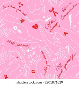 Abstract Hand Drawing Doodle Silhouettes with Hand Writing Slogans Geometric Shapes Icons Signs Seamless Vector Pattern Isolated Background