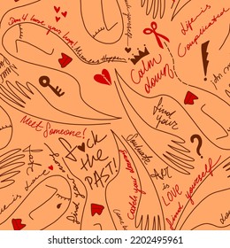 Abstract Hand Drawing Doodle Silhouettes with Hand Writing Slogans Geometric Shapes Icons Signs Seamless Vector Pattern Isolated Background