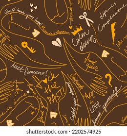 Abstract Hand Drawing Doodle Silhouettes with Hand Writing Slogans Geometric Shapes Icons Signs Seamless Vector Pattern Isolated Background