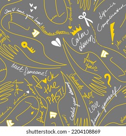 Abstract Hand Drawing Doodle Silhouettes with Hand Writing Slogans Geometric Shapes Icons Signs Seamless Vector Pattern Isolated Background