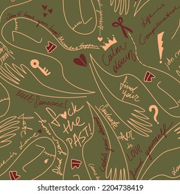 Abstract Hand Drawing Doodle Silhouettes with Hand Writing Slogans Geometric Shapes Icons Signs Seamless Vector Pattern Isolated Background
