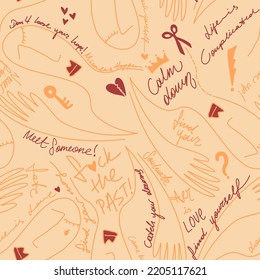 Abstrakte handgezeichnete Doodle-Silhouetten mit handgeschriebenen Slogans Geometrische Formen Symbole Zeichen Nahtloses Vektormuster isolierter Hintergrund