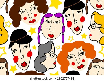 Abstract Hand Drawing Doodle Women Girls Faces Sketches Seamless Vector Pattern Isolated Background