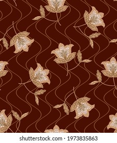 Abstract Hand Drawing Ethnic Arabesque Tile Ceramic Tulips Flowers and Leaves Repeating Vector Pattern with Wavy Lines Background