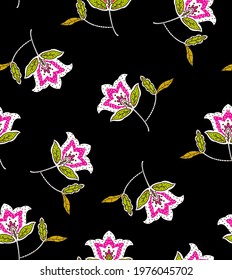 Abstract Hand Drawing Ethnic Arabesque Tile Ceramic Tulips Flowers and Leaves Repeating Vector Pattern with Isolated Background