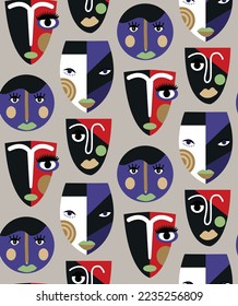 Abstract Hand Drawing Ethnic Bohemian Mask Figures Seamless Vector Pattern Isolated Background