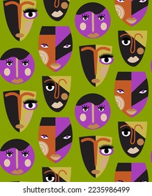 Abstract Hand Drawing Ethnic Bohemian Mask Figures Seamless Vector Pattern Isolated Background
