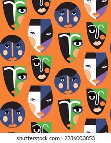 Abstract Hand Drawing Ethnic Bohemian Mask Figures Seamless Vector Pattern Isolated Background
